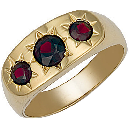 Yellow Gold Gents 3 Stone Garnet Ring