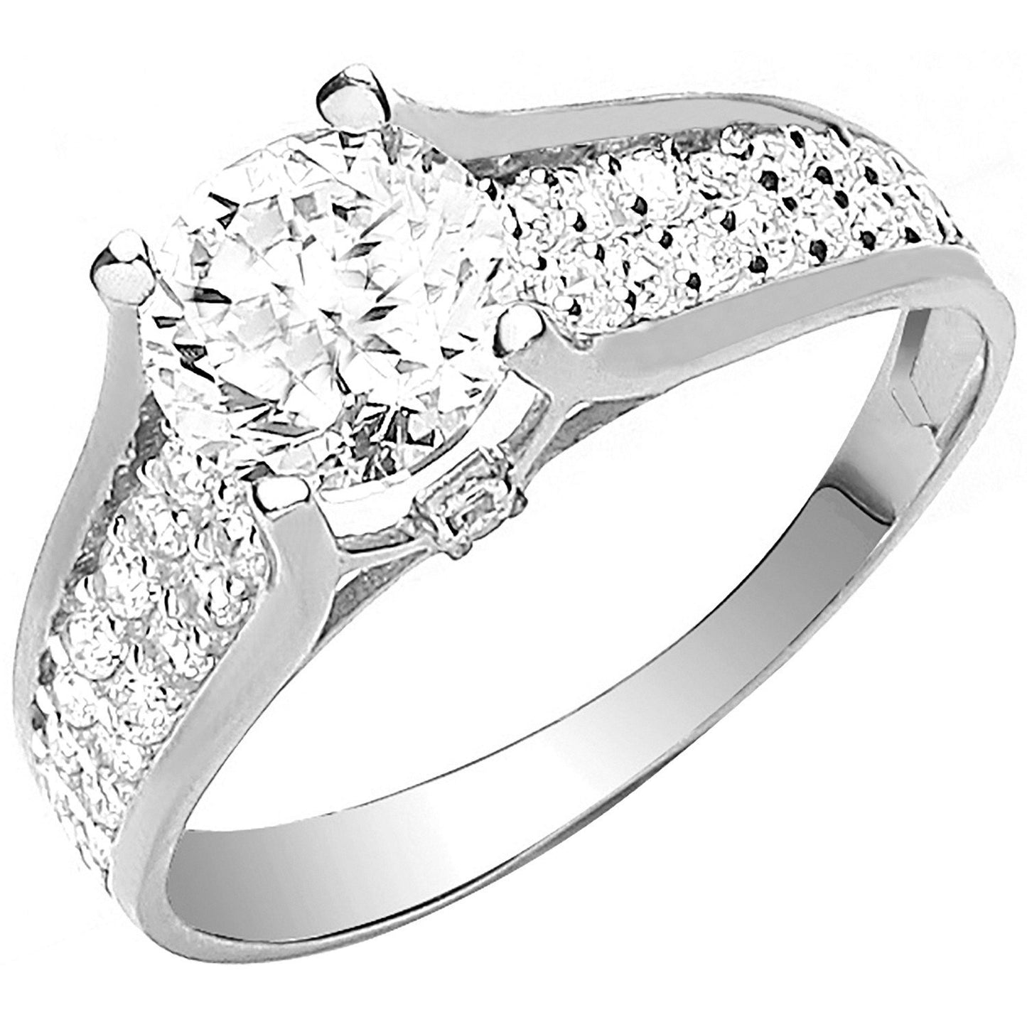 White Gold Ladies Single Stone Two Row Cubic Zirconia Shoulder Ring