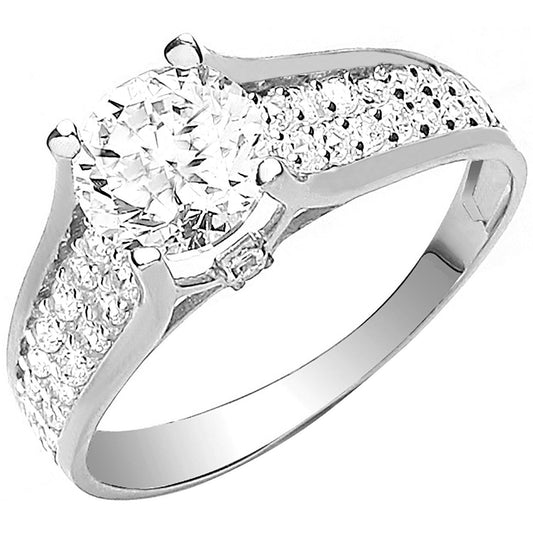 White Gold Ladies Single Stone Two Row Cubic Zirconia Shoulder Ring