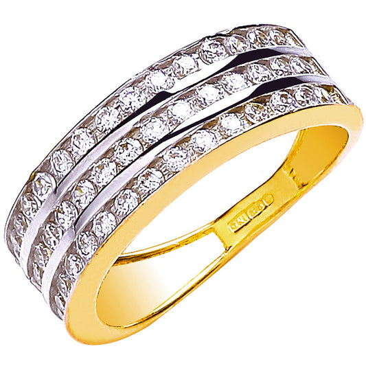 Yellow Gold Ladies Three Row Cubic Zirconia Ring