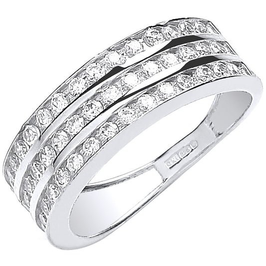 White Gold Ladies Three Row Cubic Zirconia Ring