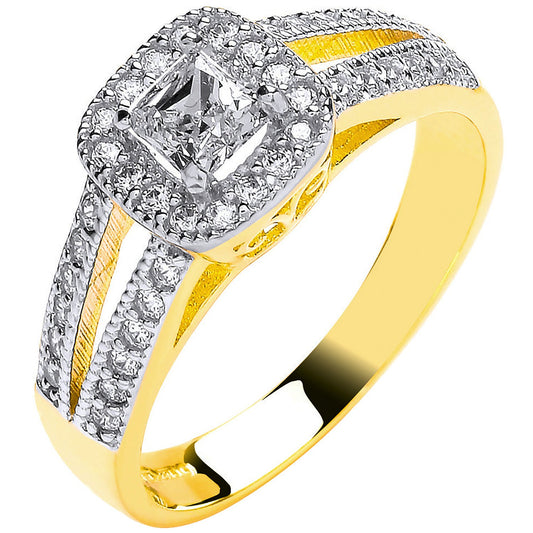 Yellow Gold Ladies Princess Centre Split Shank Cubic Zirconia Ring
