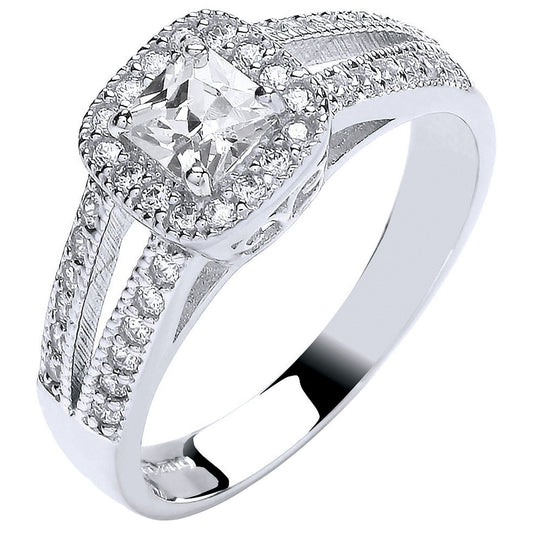White Gold Ladies Princess Centre Split Shank Cubic Zirconia Ring