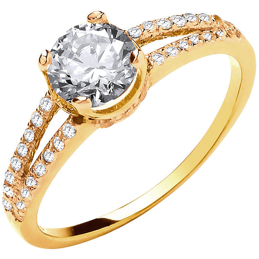 Yellow Gold Split Shank Cubic Zirconia Engagement Ring