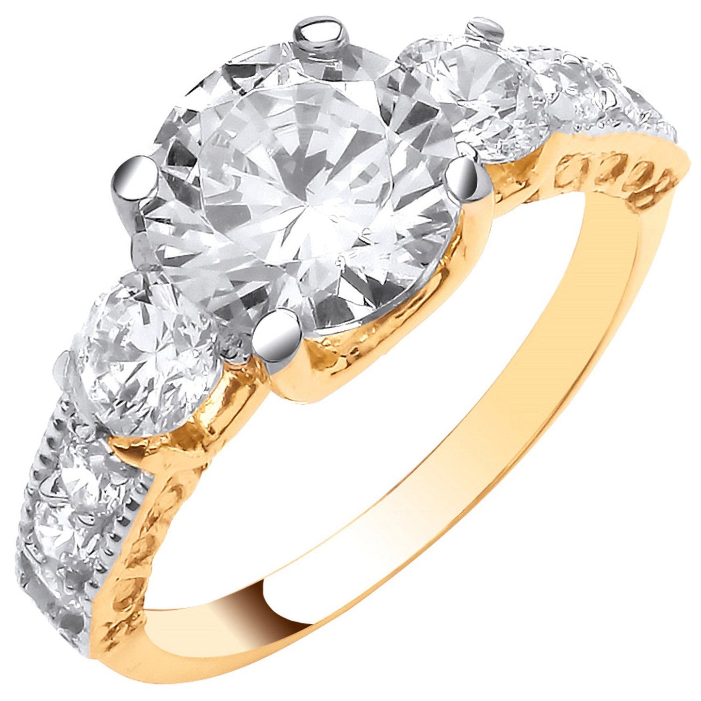 Yellow Gold Graduated Trilogy Ring With Shoulder Cubic Zirconias