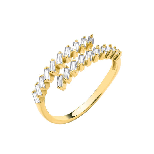 Yellow Gold Cross-over Cubic Zirconia Baguettes Ladies Ring