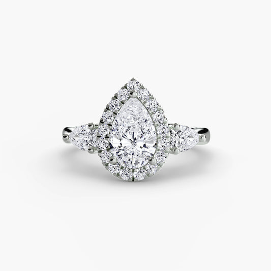 Three-Stone Ring with Halo - engagement & wedding ring for women with 0.50ct-3.00ct stone options | Imperial Time UK Ltd