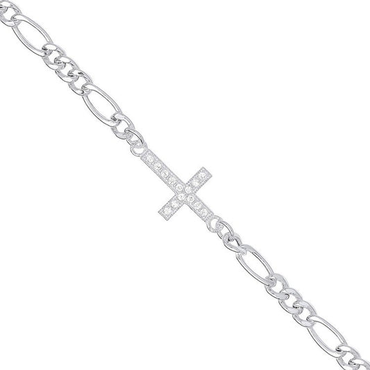 Silver Figaro Chain with Cubic Zirconia Cross Bracelet - Fine Bracelet - Certified Authentic – Luxury Jewellery by Imp