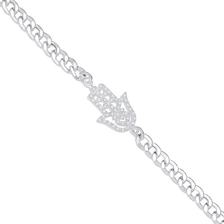 Silver Flat Curb Chain with Cubic Zirconia Hamsa Bracelet - Fine Bracelet - Certified Authent – Luxury Jewellery by Im