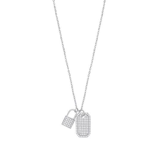 Silver Cubic Zirconia Padlock & Dog Tag Necklace - Fine Necklace - Certified Authentic – Luxury Jewellery by Imperial