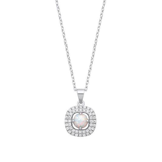 Silver Opal Halo Style Pendant with Chain - Fine Necklace - Certified Authentic - Swiss Made – Luxury Jewellery by Imp