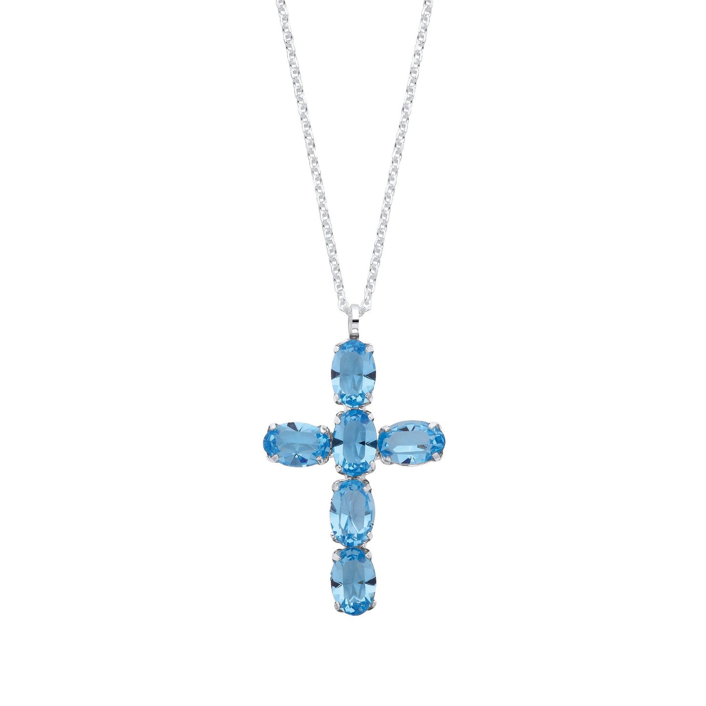 Silver Blue Crystal Cross Pendant on Chain - Fine Necklace - Certified Authentic - Swiss Made – Luxury Jewellery by Im