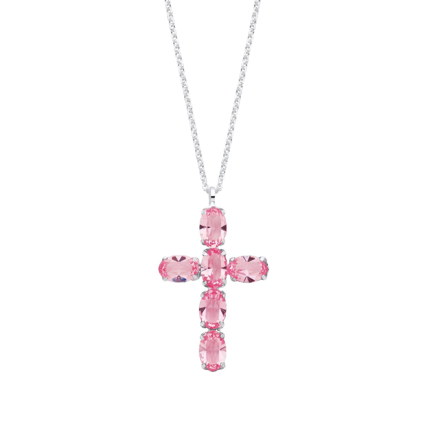 Silver Pink Crystal Cross Pendant on Chain - Fine Necklace - Certified Authentic - Swiss Made – Luxury Jewellery by Im