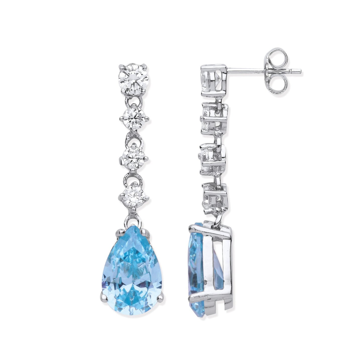 Silver Clear & Aquamarine Colour Cubic Zirconias Long Drop Earrings - Fine Ring - Certified A – Luxury Jewellery by Im