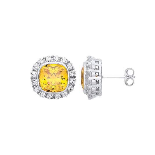 Silver Yellow Cubic Zirconia Halo Stud Earrings - Fine Ring - Certified Authentic - Swiss Mad – Luxury Jewellery by Im