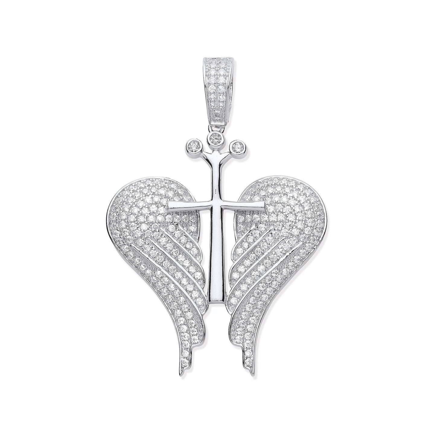 Silver Cubic Zirconia Open Angel Wings with Royal Cross Pendant - Fine Necklace - Certified A – Luxury Jewellery by Im