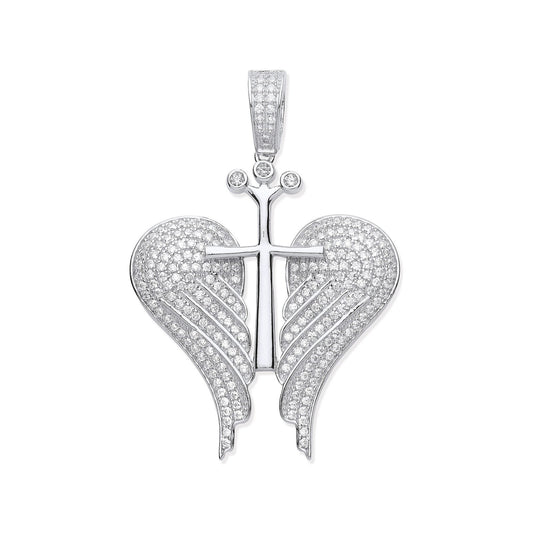 Silver Cubic Zirconia Open Angel Wings with Royal Cross Pendant - Fine Necklace - Certified A – Luxury Jewellery by Im