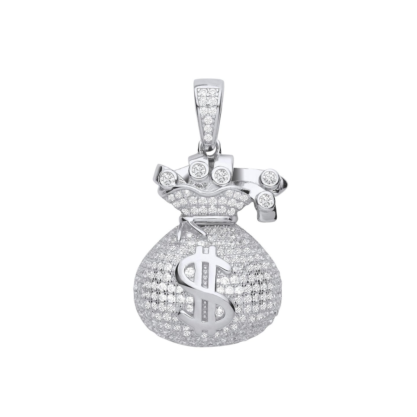 Silver $ Money Bag Cubic Zirconia Hollow Pendant - Fine Necklace - Certified Authentic – Luxury Jewellery by Imperial