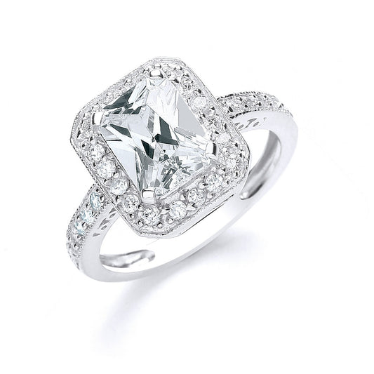 Silver Emerald Cut with Cubic Zirconia Surrounding & Shoulders Ring - Fine Ring - Certified A – Luxury Jewellery by Im