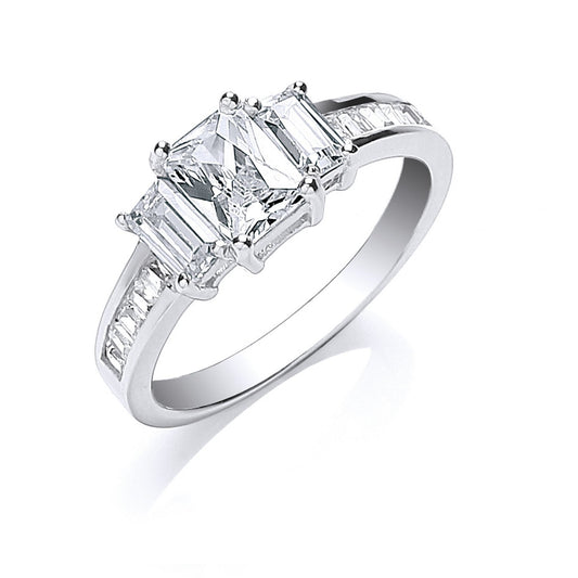Silver Trilogy with Baguettes Cubic Zirconia & on Shoulder Ring - Fine Ring - Certified Authe – Luxury Jewellery by Im