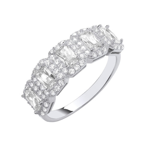 Silver 5 Emerald Cut Cubic Zirconias Halo Ring - Fine Ring - Certified Authentic - Swiss Made – Luxury Jewellery by Im