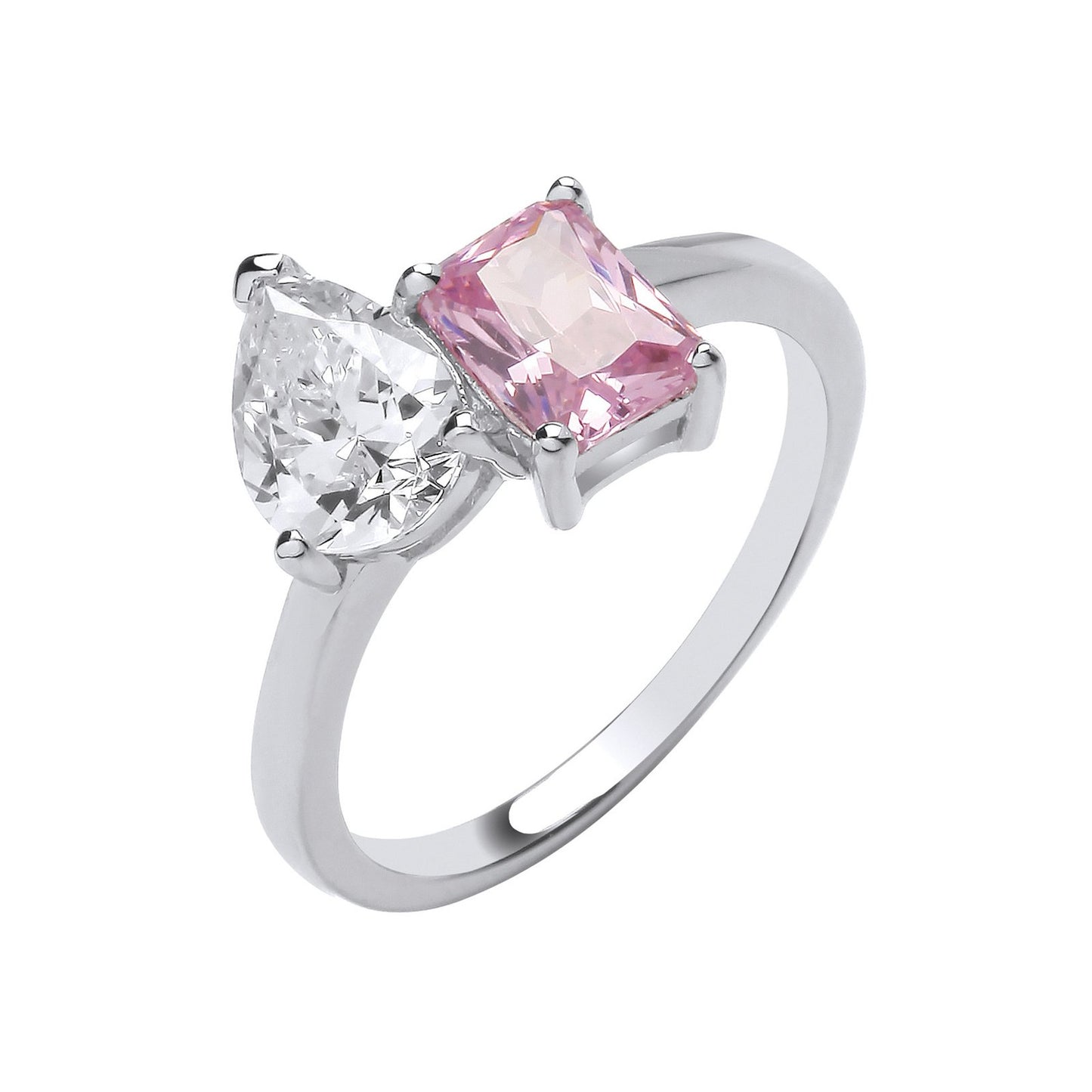 Silver Cross Over Pear Clear Cubic Zirconia & Pink Cubic Zirconia Ring - Fine Ring - Certifie – Luxury Jewellery by Im