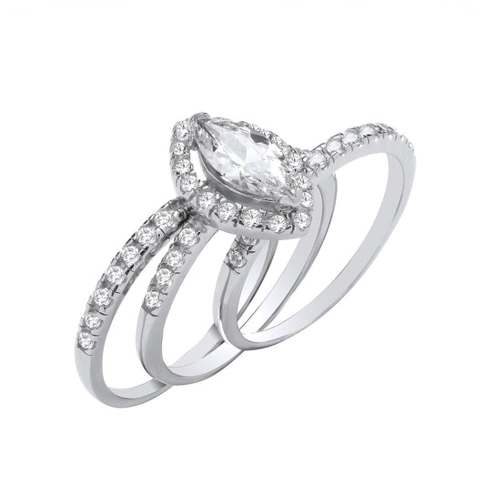 Silver Bridal Set Marquise Halo Cubic Zirconia Half Et 3 Rings - Fine Ring - Certified Authen – Luxury Jewellery by Im