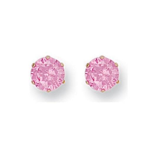 Yellow Gold 6mm Claw Set Pink Cubic Zirconia Studs
