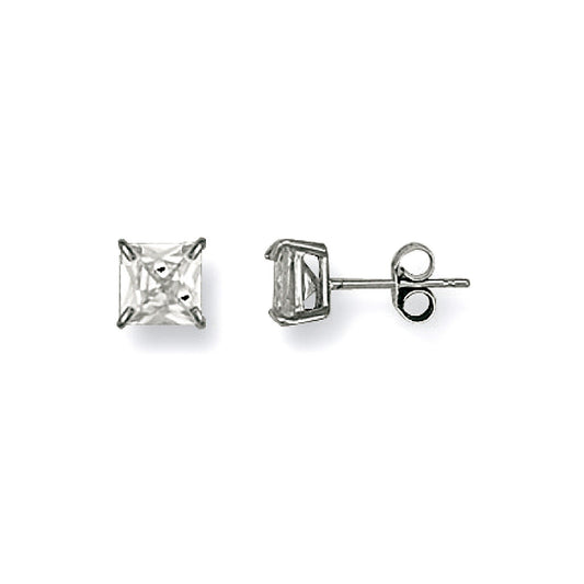 White Gold 6mm Claw Set Princess Cut Cubic Zirconia Studs