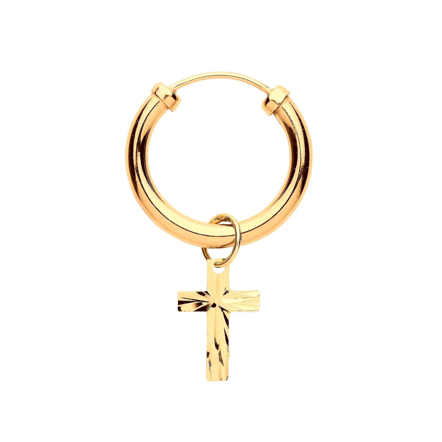 Yellow Gold Sleeper With Cross Charm Men's Single Earring