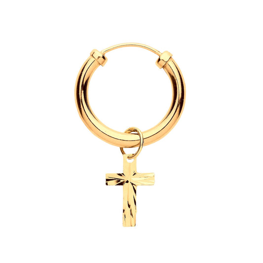 Yellow Gold Sleeper With Cross Charm Men's Single Earring
