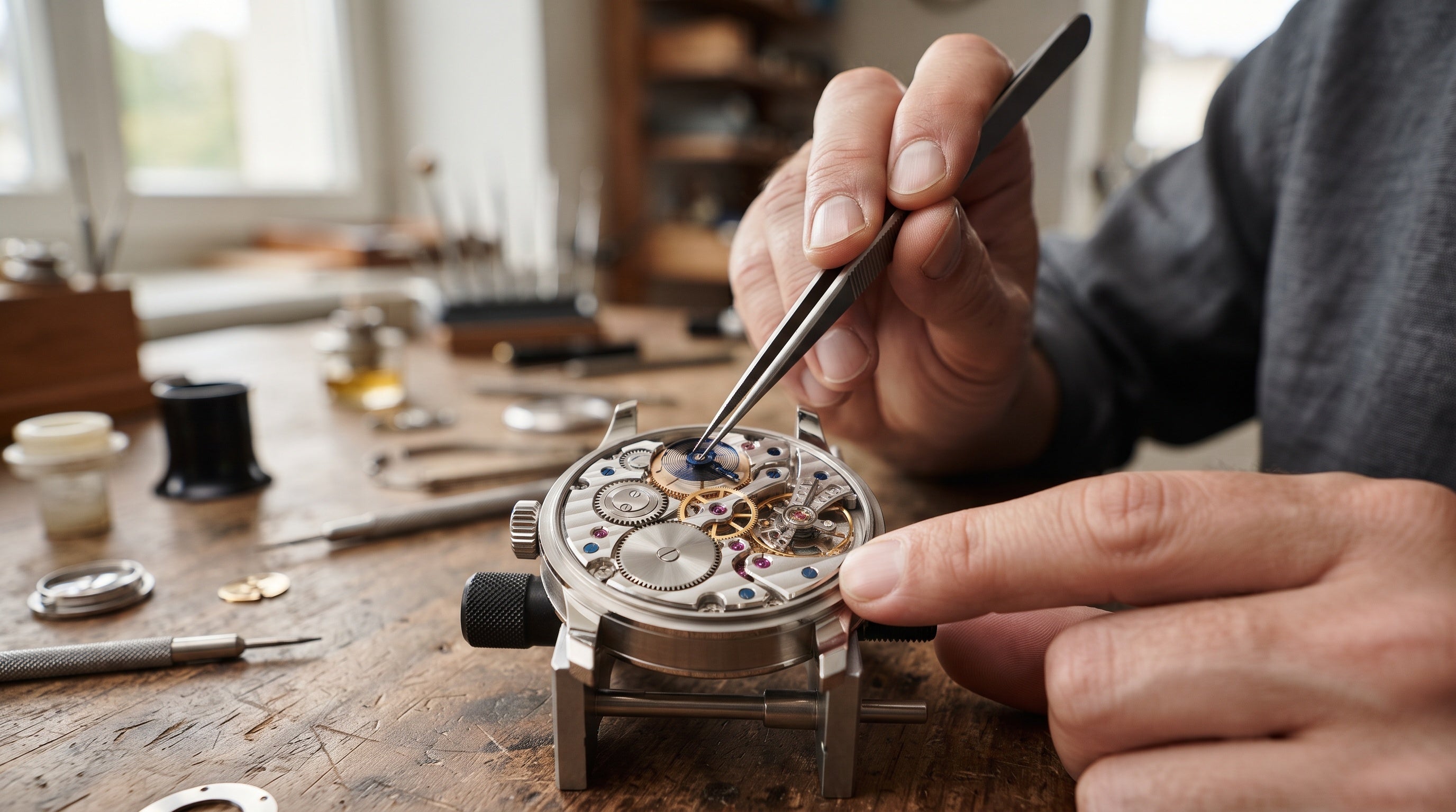 Watchmaker repairing and servicing a mechanical watch movement at Imperial Time Kensington