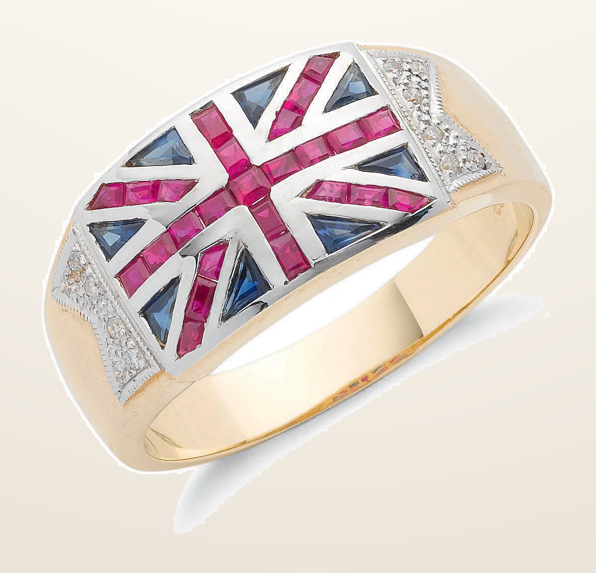 IT_ROLE:detail_crop | 9ct Yellow Gold 0.06ct Diamond 0.30ct Blue Sapphire &1.00ct Ruby Union Jack Ring