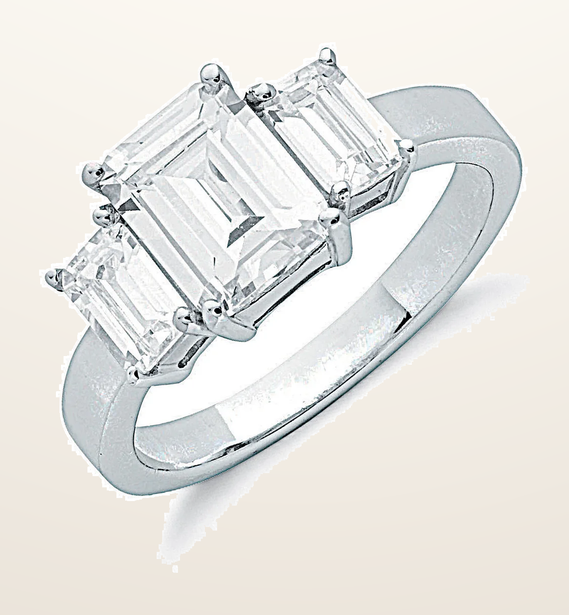 IT_ROLE:detail_crop | Silver Claw Set Emerald Cut Cubic Zirconia Trilogy Ring