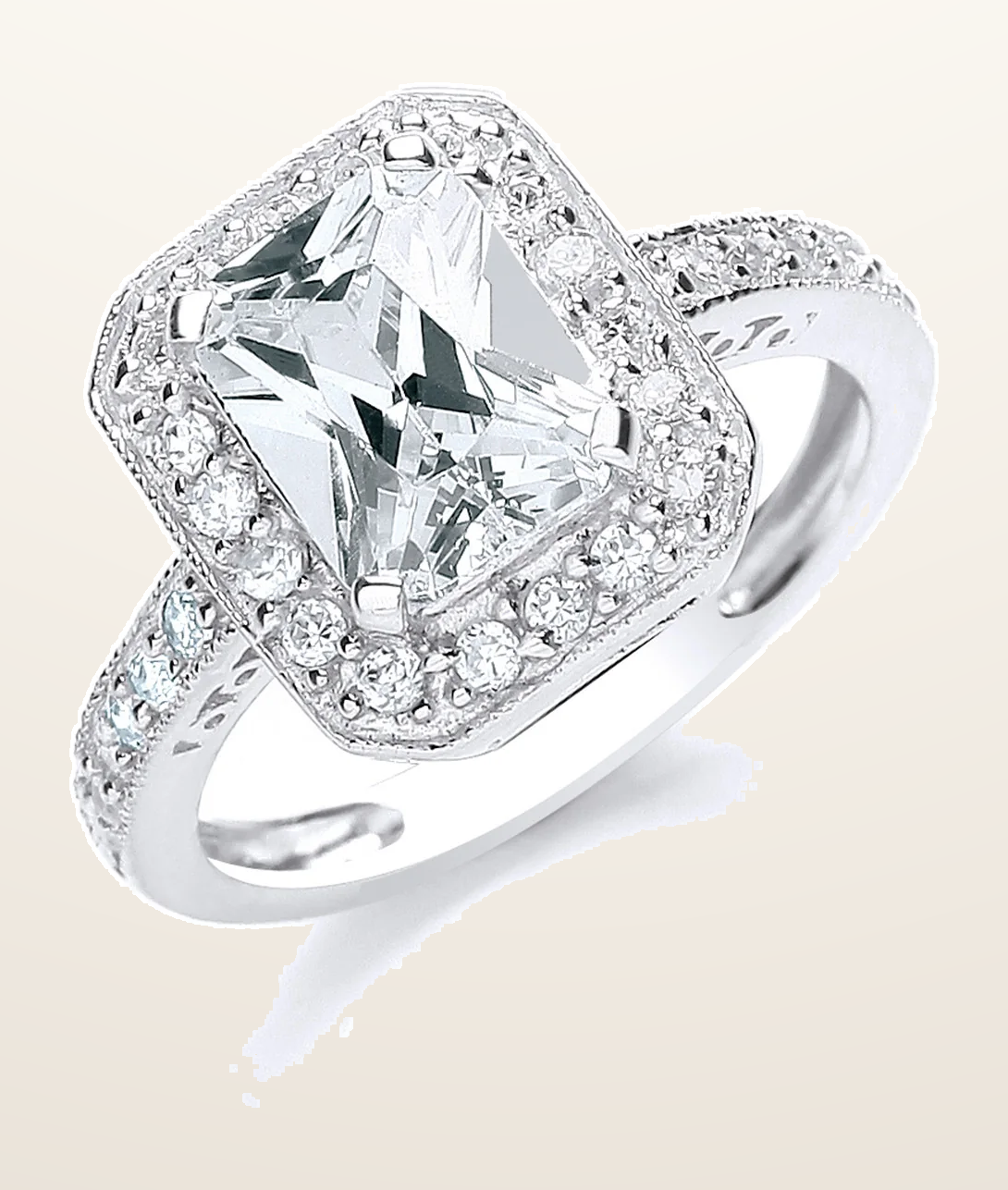 IT_ROLE:detail_crop | Silver Emerald Cut with Cubic Zirconia Surrounding & Shoulders Ring