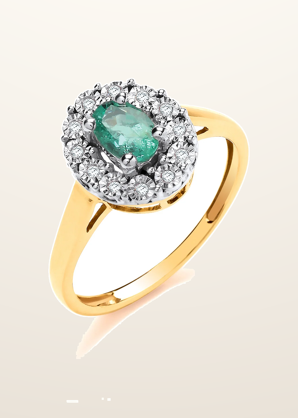 IT_ROLE:presentation_crop | 9ct Yellow Gold 0.40ct Emerald Cluster & 0.05ct Diamond Ring