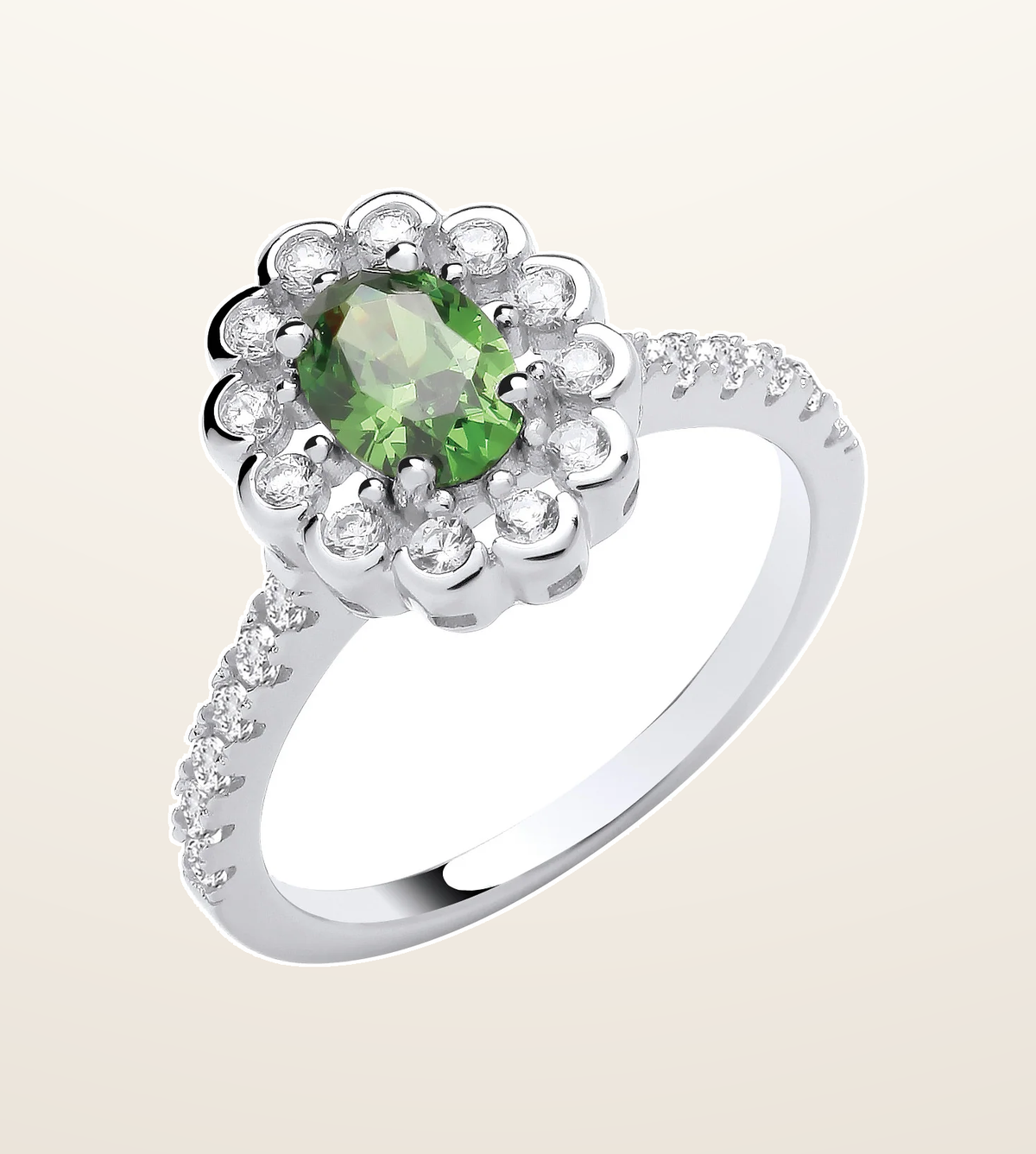 IT_ROLE:presentation_crop | Silver Green Oval Cubic Zirconia Halo Ring