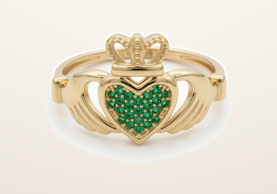 IT_ROLE:presentation_crop | 9ct Yellow Gold Green Cubic Zirconia Claddagh Heart Crown Ring