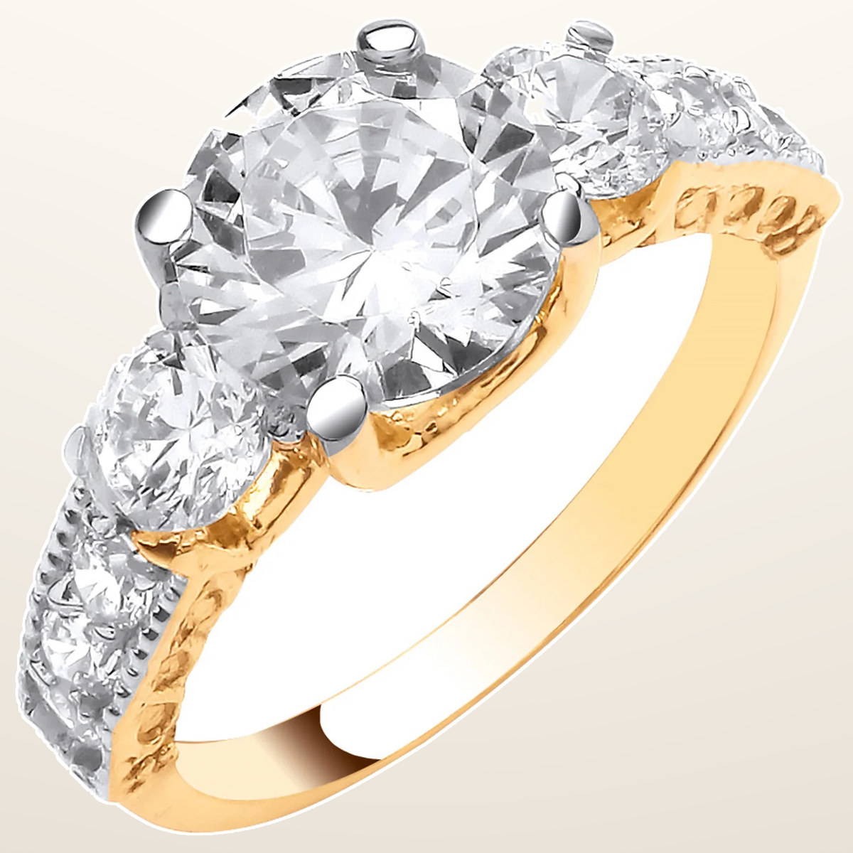 IT_ROLE:studio_clean | Yellow Gold Graduated Trilogy Ring with Shoulder Cubic Zirconias