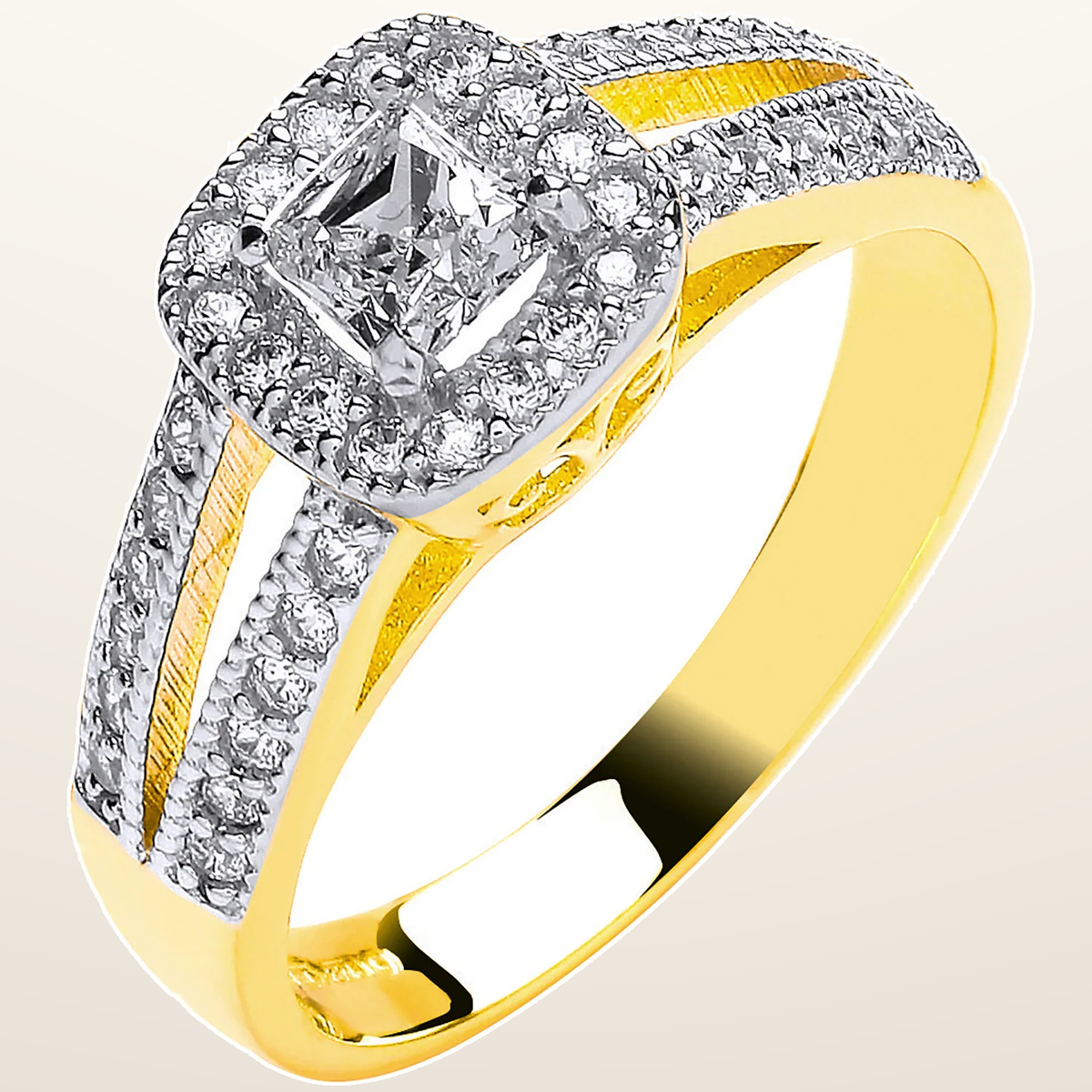 IT_ROLE:studio_clean | Yellow Gold Ladies Princess Centre Split Shank Cubic Zirconia Ring