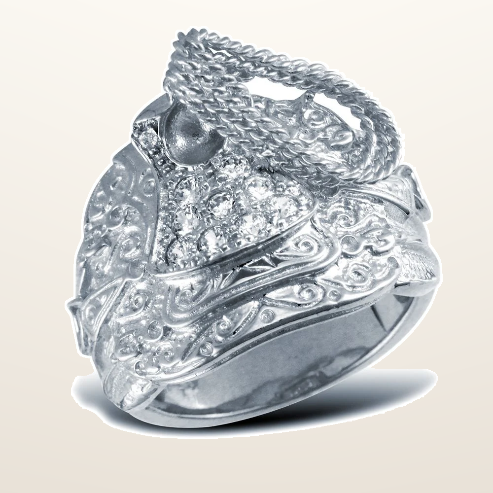 IT_ROLE:studio_clean | 925 Sterling Silver hand finished heavy weight saddle ring hand-set with cubic zirconia stones