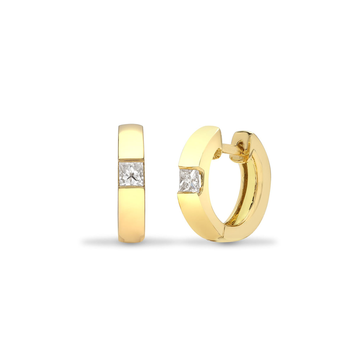 18ct yellow gold 18pt Natural Diamond huggie style earrings with a hinged notched post fixing – product view