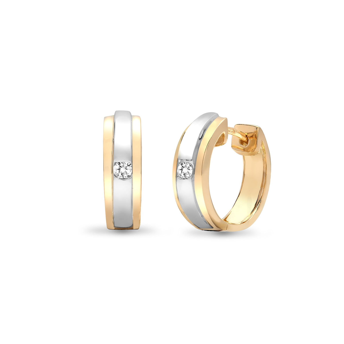 Orecchini a cerchio da 6 punti con diamante naturale in oro bianco e giallo 18 carati con chiusura a perno incernierato.