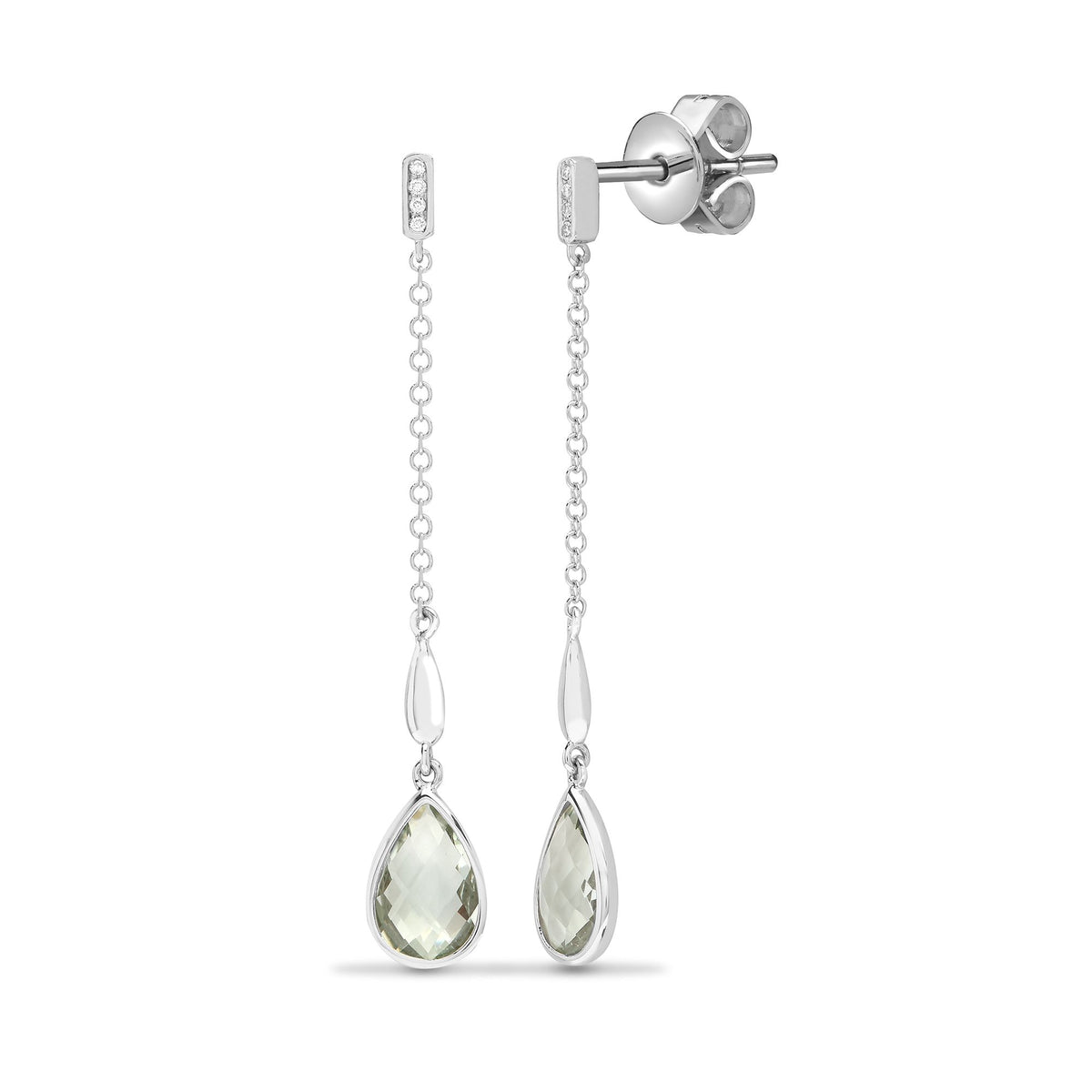 Ohrstecker aus 18 Karat Weißgold mit einem natürlichen Diamanten (0,03 Karat) und grünem Amethyst (2,19 Karat).