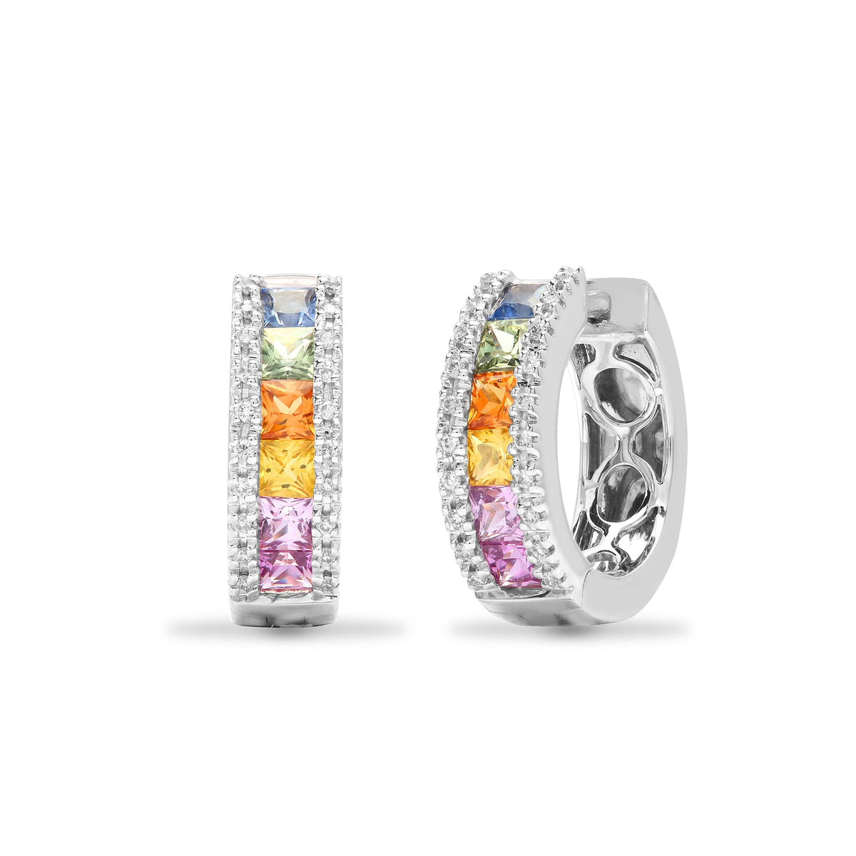 18ct White gold Natural Diamond 16pt and multi coloured sapphires 1.60ct huggie earrings with a hinge notched post fixing.