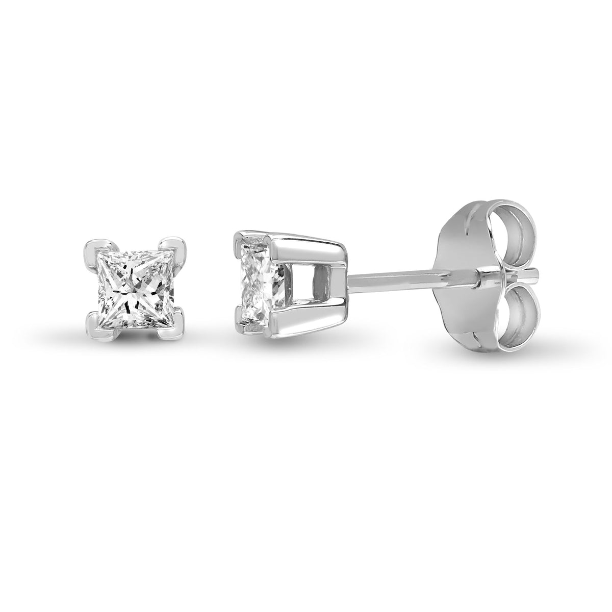 Ohrstecker aus 18 Karat Weißgold mit Prinzessschliff, 0,25 Karat, mit 4 Krappen und natürlichen Diamanten
