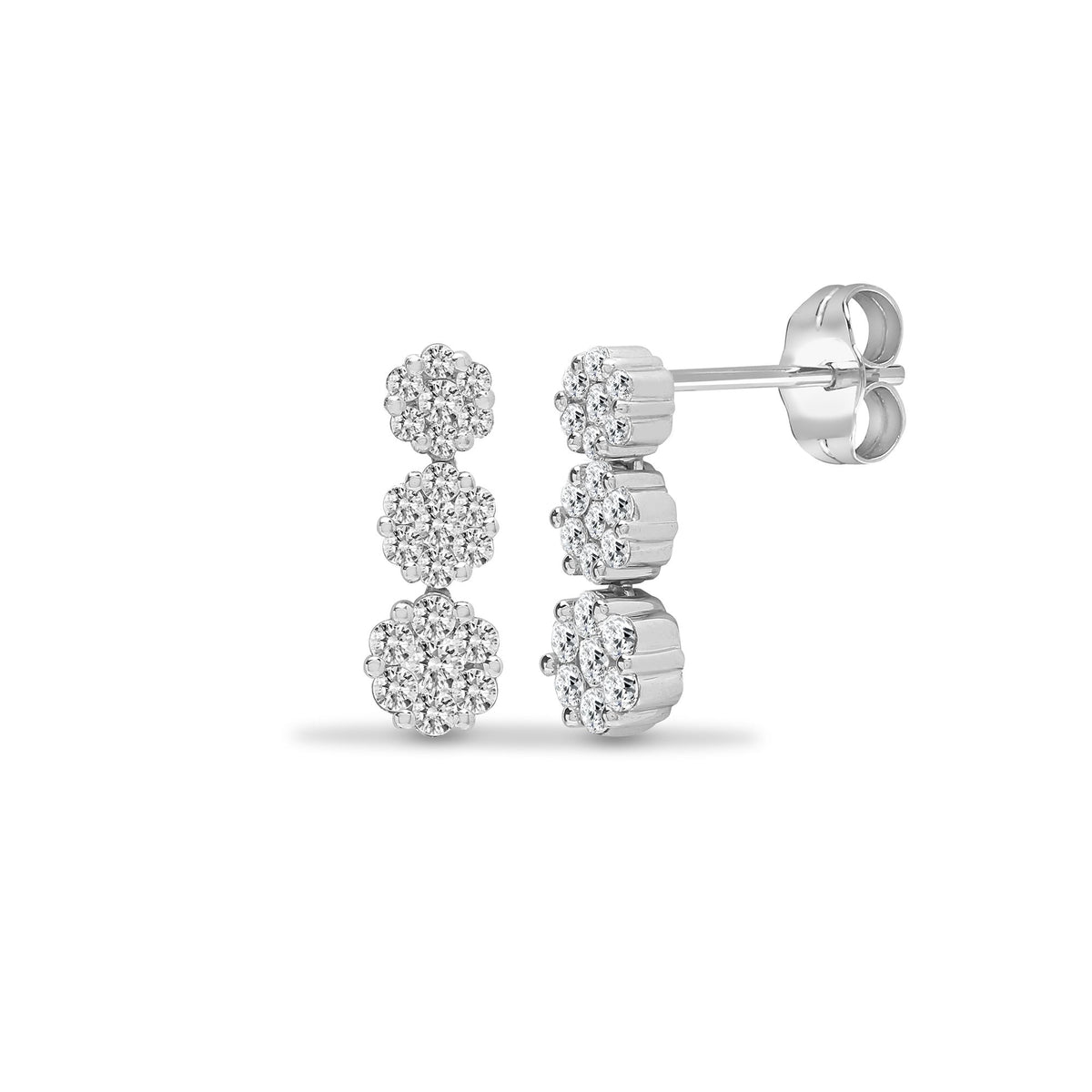 Ohrringe, 18 Karat Weißgold, 1,00 Karat, natürliche Diamanten, 3 x 7 Steine, Cluster, Hängeohrringe