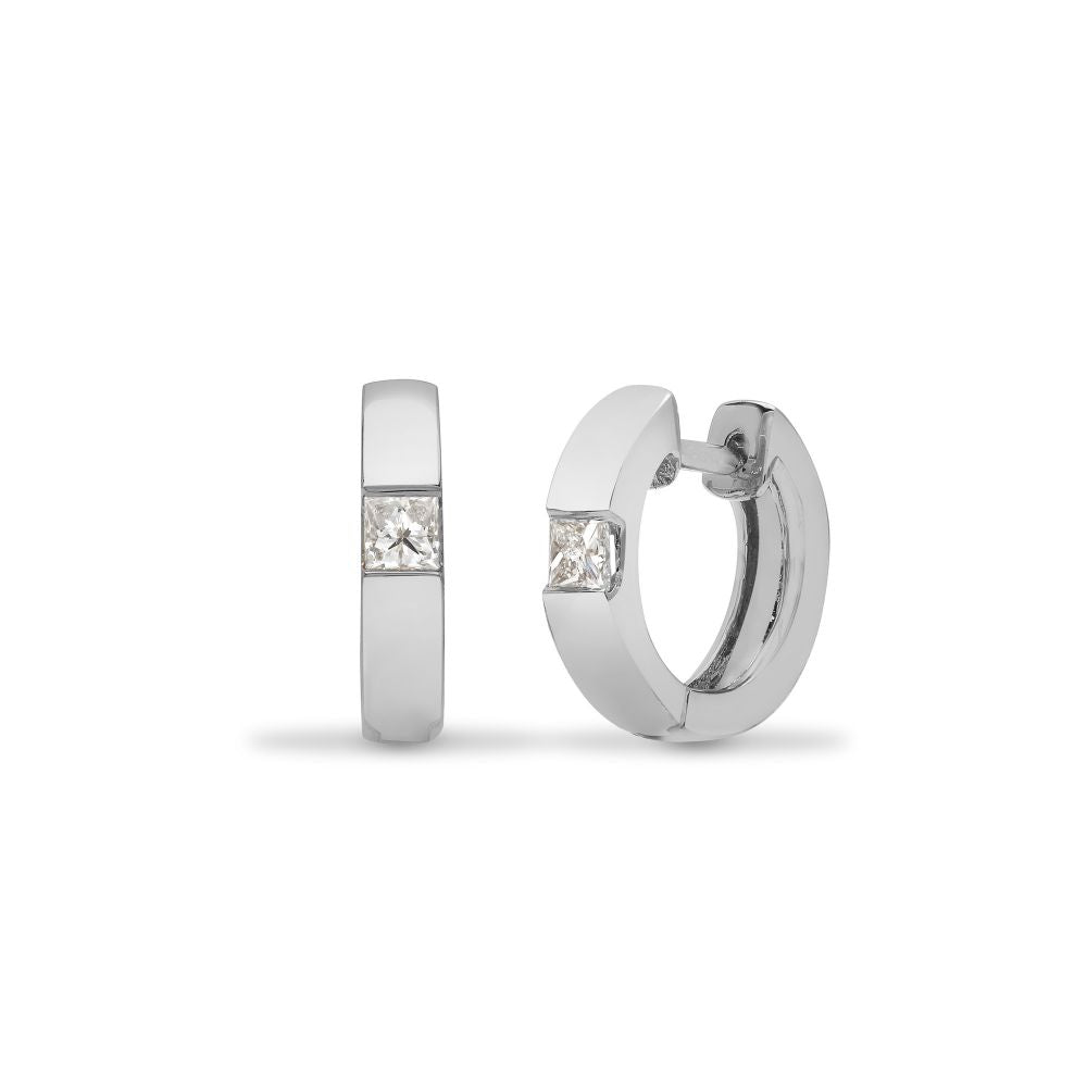 18ct yellow gold 18pt Natural Diamond huggie style earrings with a hinged notched post fixing – side view