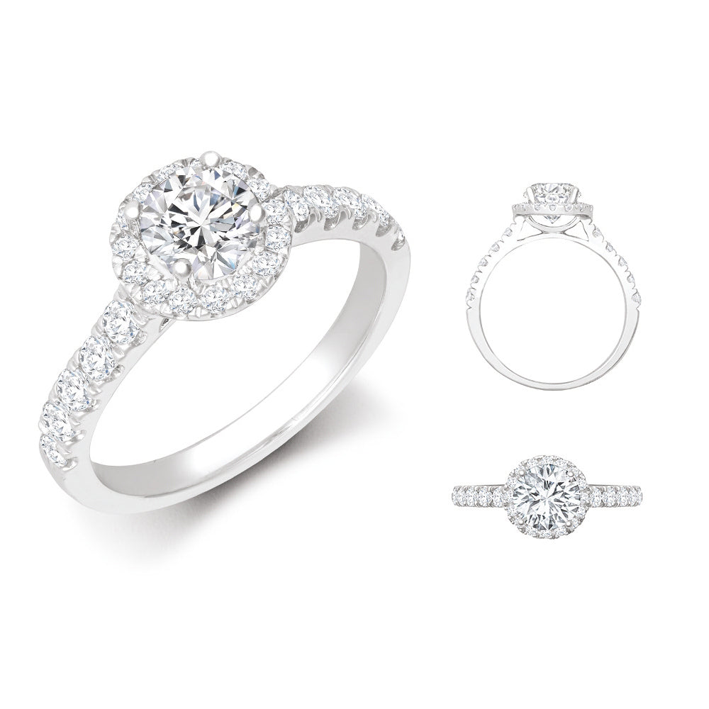 18 Karat Weißgold 0,37 Karat Naturdiamant Micro-Pavé Halo und Schultern Wed-Fit Ringfassung + 0,25 Karat Diamant
