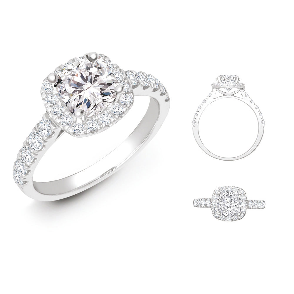 18 Karat Weißgold 0,33 Karat Naturdiamant Mikro-gefasster Kissen-Halo und Schultern Ringfassung mit Wed-fit + 0,25 Karat Diamant